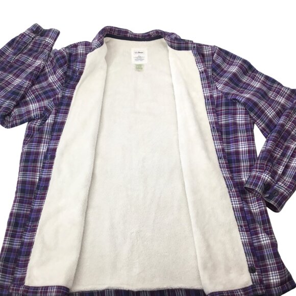 L.L. Bean Sherpa Lined Plaid Flannel Jacket Shacket Purple Women's Large Button - Picture 7 of 9
